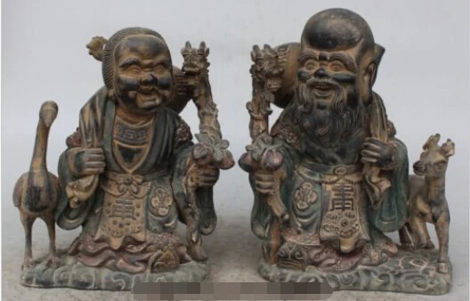 

RHS0006 9"Old Chinese Purple Bronze God Longevity mother-in-law Crane Crutch Statue Pair
