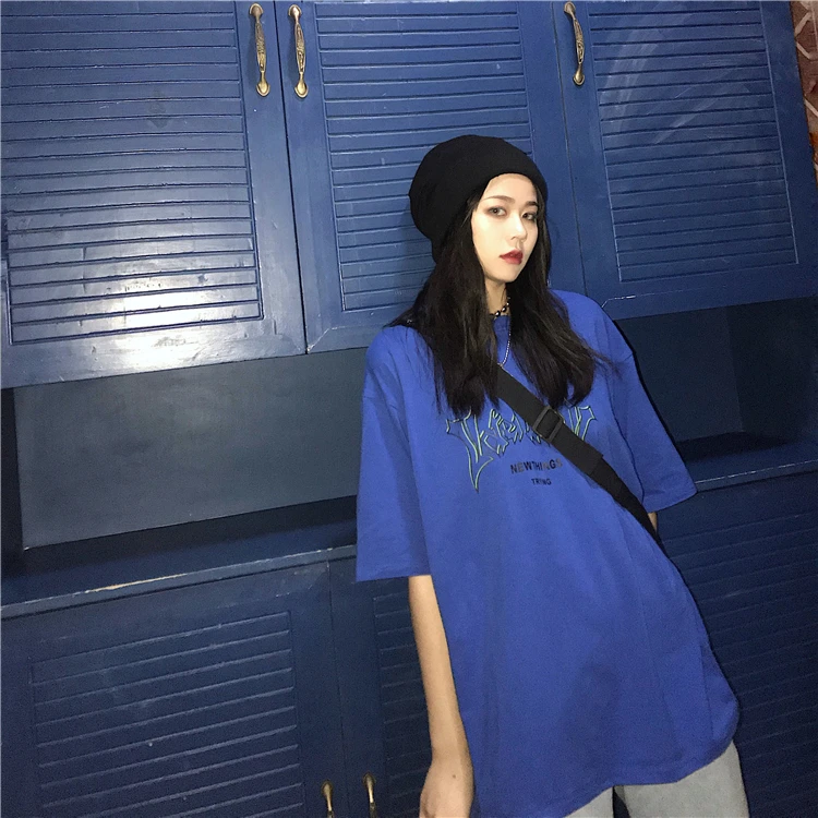 Летняя новая Корейская уличная хип-хоп футболка в стиле Харадзюку с темно-черным буквенным принтом ins, модная свободная повседневная женская футболка с коротким рукавом