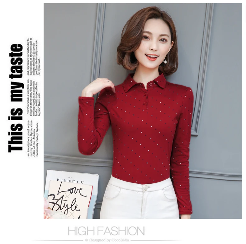 Plus Size S-3XL Cotton Polka Dot Polo Shirt Women Femininas Shirt Spring Autumn Long Sleeve Femme Women's Polos Top