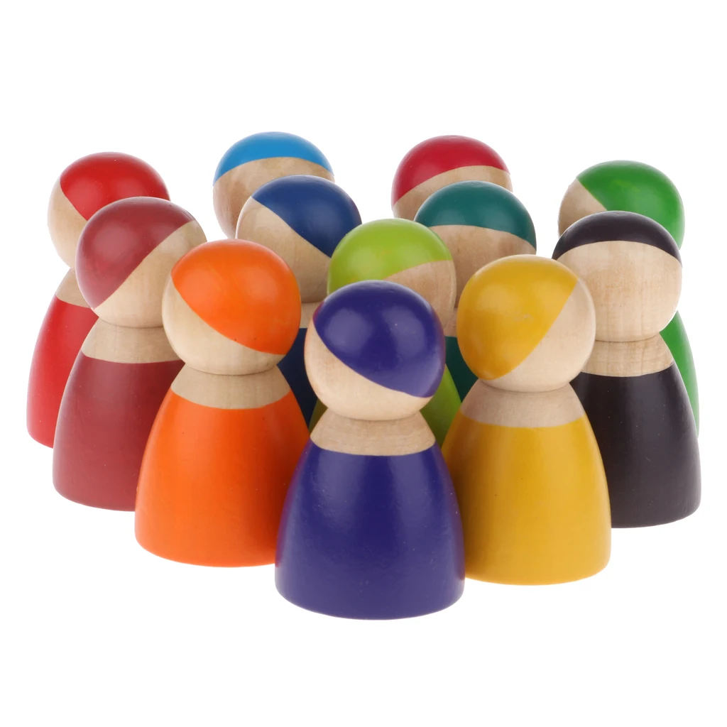 12 Pieces Rainbow Wooden Peg Dolls People Dolls Decorative Craft Kids Toys