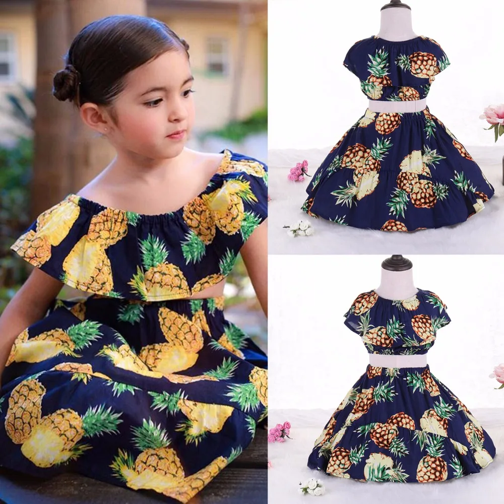 

Puseky 6-5T 2pcs/set Baby Girl Tropical Pineapple Boat Neck Cropped Shirt Top+High Waist Skirt Dress Summer Beach Wear LightCool