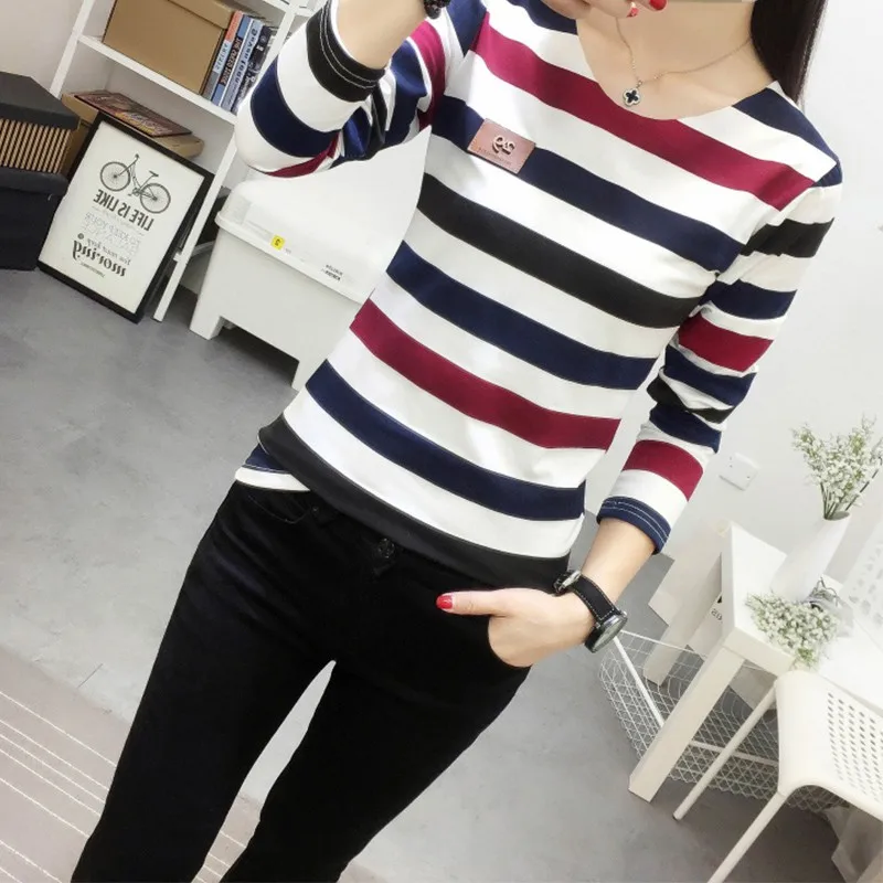 

Oionion Women Striped Tops T Shirt Autumn Long Sleeve Slim Korean Cotton Sexy Female O Neck Casual T Shirts