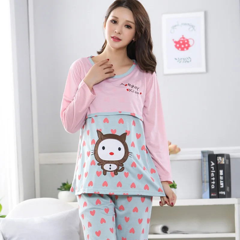 

spring autumn women's home service post natal breast feeding pajamas Fashion print Maternity Nursing Pajamas Suits Cute Cartoon