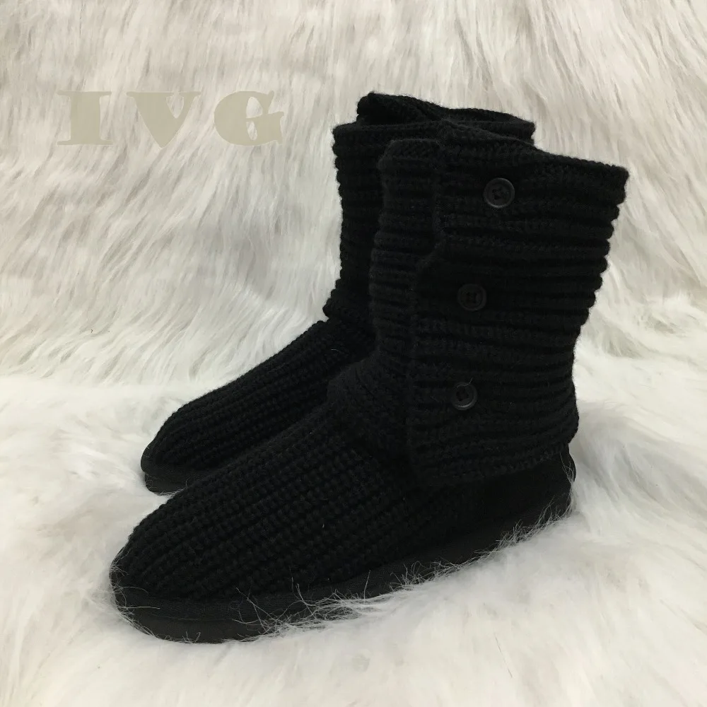

Fashion Australian Style Ugs Women Snow Boots Knitting With 3-Buttons Winter Outdoor Lady Boots Brand IVG Black Grey Size US5-11