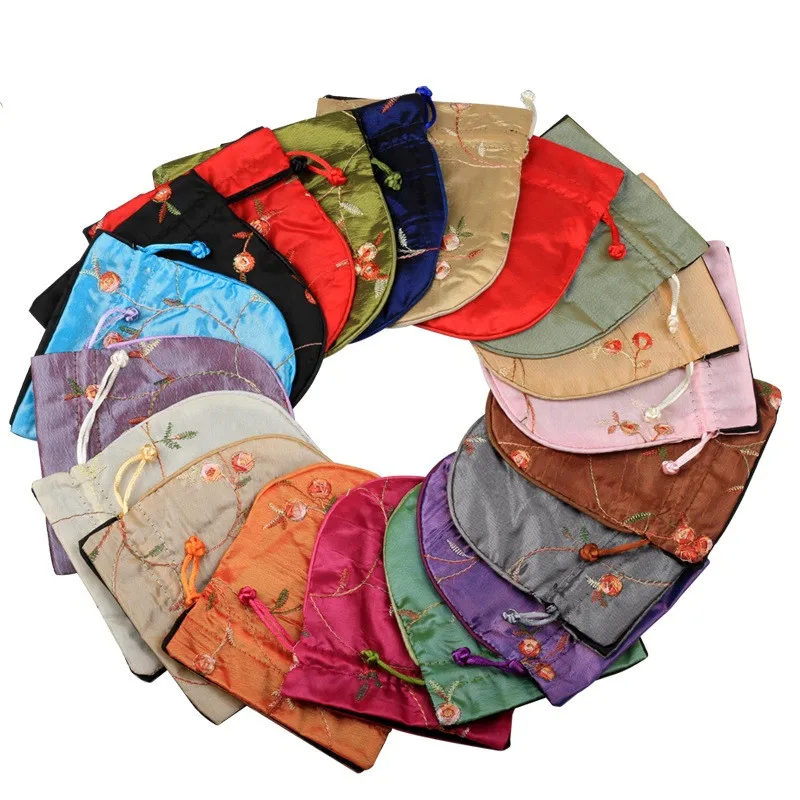 

11x13cm Round Gifts Bags Flower Fruit Embroidered Drawstring Jewelry Pouches Wedding Christmas Chinese Style Bag Pouch
