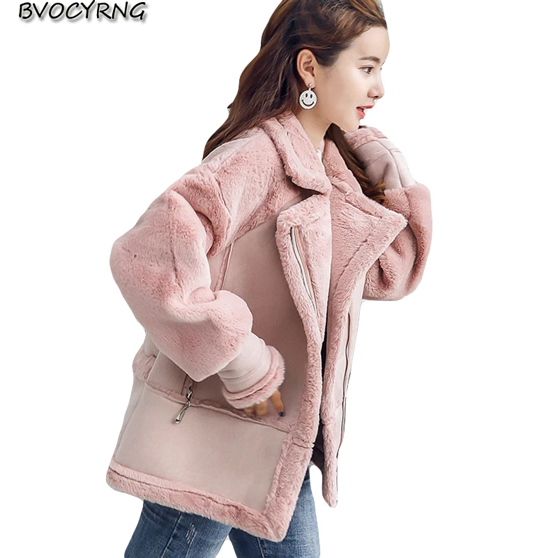 

Winter thick rabbit fur coatwomen lapel jacket long sleeve plush locomotive jackets 2019 new Suede short Loose outerwear K0953