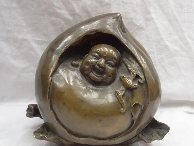 

JP S0606 10" Chinese Bronze BAT Happy Laughing Maitreya Buddha Head In Peach Statue