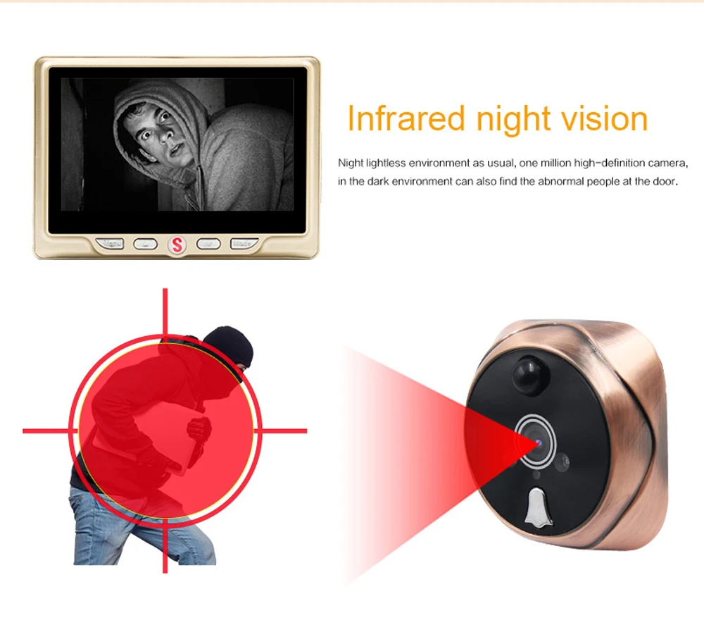 4," ЖК-Экран дверная камера цифровой дверной звонок несъемный аккумулятор Обнаружение движения зритель в дверном глазок прозрачная ночная версия