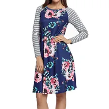 S-2XL women o neck long sleeve winter dress casual leisure striped dress floral print dress trendy short sleeve floral print women s dress for women