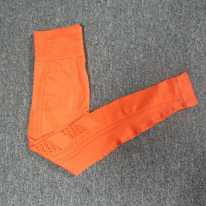 Безупречный трикотажный комплект из 2 предметов для йоги, женская одежда для тренировок, длинный рукав, открытая сетка, компрессионный укороченный топ+ Бесшовные Леггинсы для занятий йогой - Цвет: Orange leggings