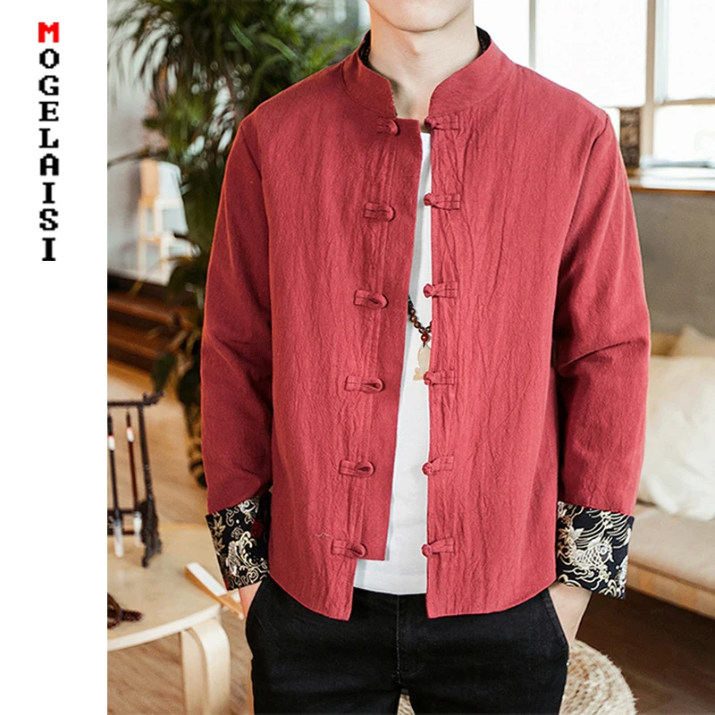 

China style jackets men 2019 spring pankou Red coats man Retro sleeve embroidery solid thin jackets plus size M-5XL A026-552