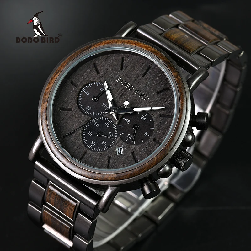 BOBO BIRD Wood Watches Men Stopwatch relojes hombre Show Date Wooden Wristwatch Male Timepieces In Gift Box