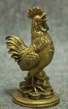 

Folk Chinese Brass Wealth YuanBao Coin Fu Cock Rooster Statue Animals Sculpture