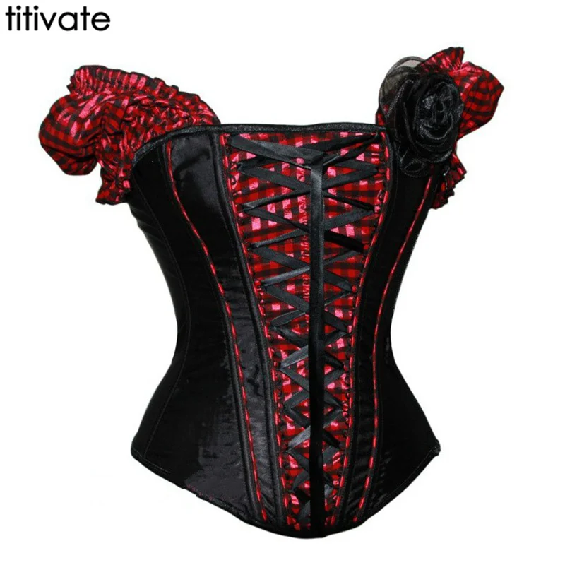 

TITIVATE Sexy Puff Sleeves Lingerie Plaid Corset Red plaid Overbust Women Waist Slimming Corsage Corselet Steampunk Body Shaper