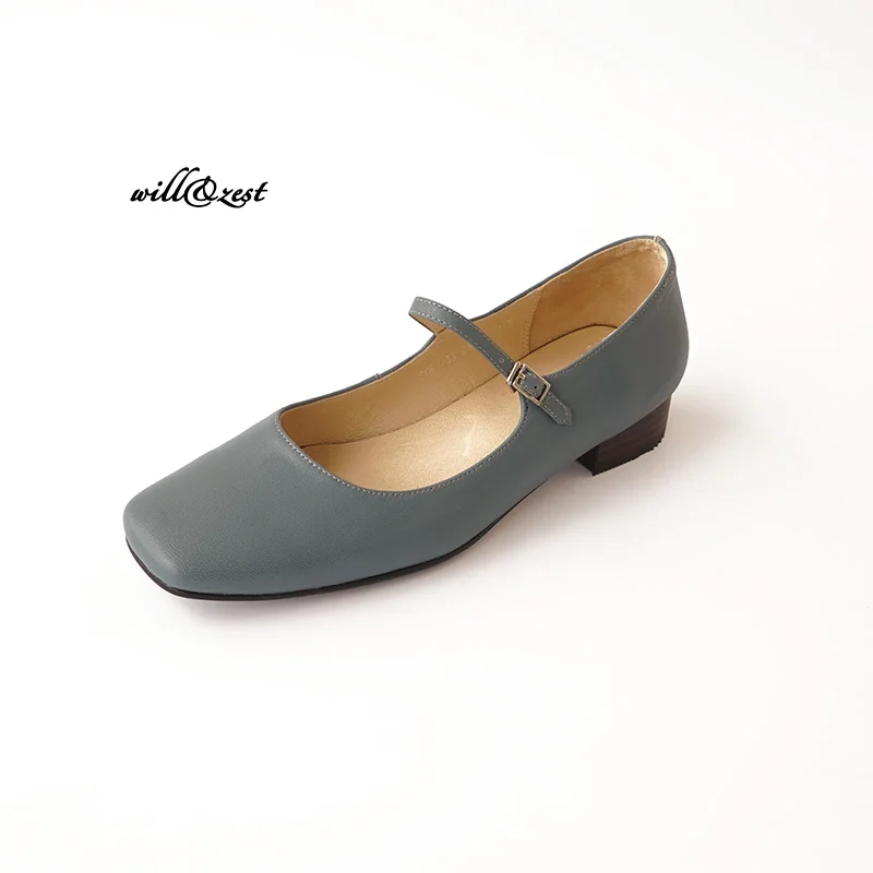 

Genuine Leather square toe Mary Jane low Stacked Heel vintage shoes RED / Nude /Blue pumps 30mm