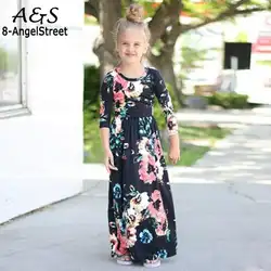 Детская одежда для девочек, повседневное элегантное детское платье с рукавами 3/4, круглым вырезом и цветочным принтом для отдыха, дня