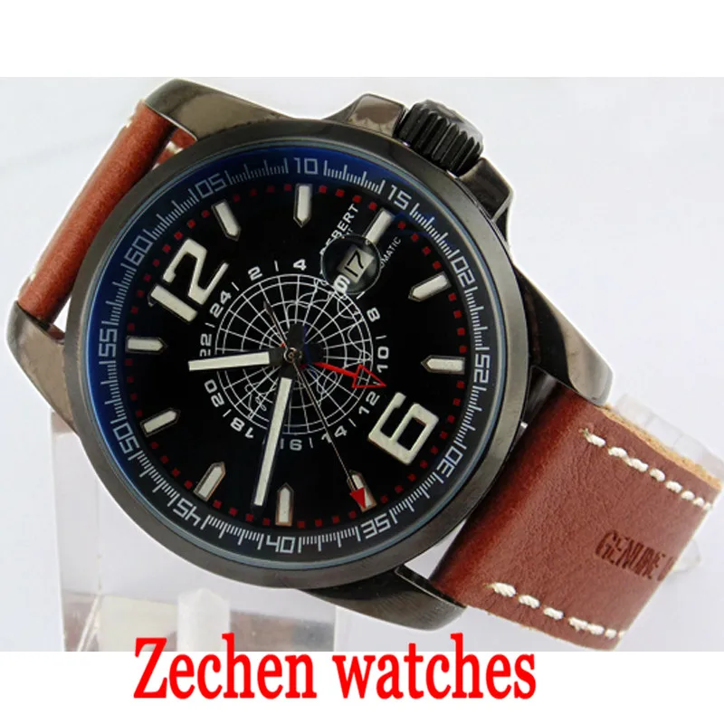 

Debert 44mm Stainless Steel Case Brown Strap GMT Automatic Mechanical Watch Men's Calendar Waterproof Watch