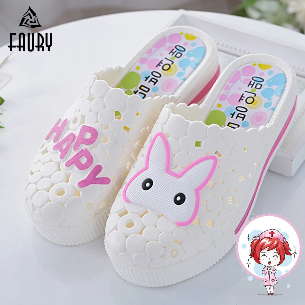 

2019 Cute Nurse Shoes Summer New Medical Slippers Rabbit High Heel Sandals Thick Sole Hole Shoes White Female Hospital Acsesoriy