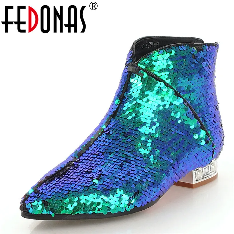 

FEDONAS Fashion Women Basic Ankle Boots Pointed Toe Bling Square Heels Autumn Winter Warm Party Prom Dancing Shoes Woman Pumps