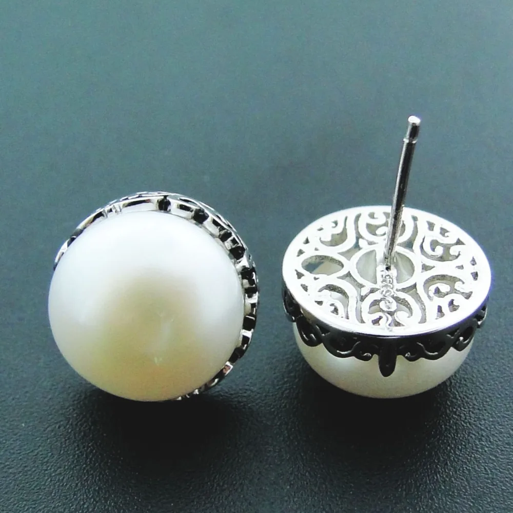 

White natural pearls earrings for women size 12.5mm in 925 Sterling Silver