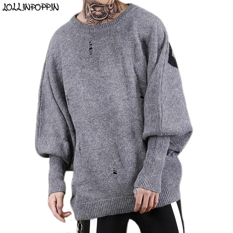 Streetwear Men Oversize Batwing Sleeves Knitted Sweaters Ripped Holes