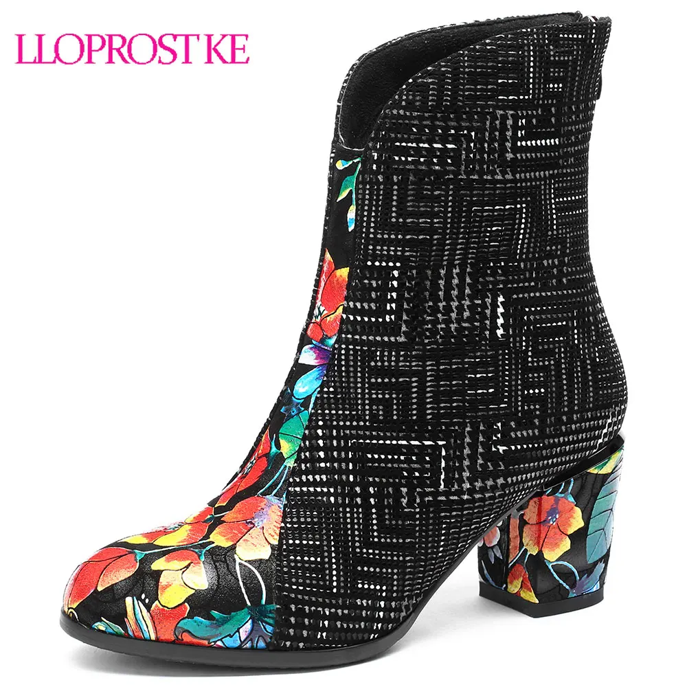 

Lloprost ke Winter Women Shoes Fashion Embroider High heels Round Toe Floral Ankle Boots Square Heels Shoes Plus Size 33-43 D796