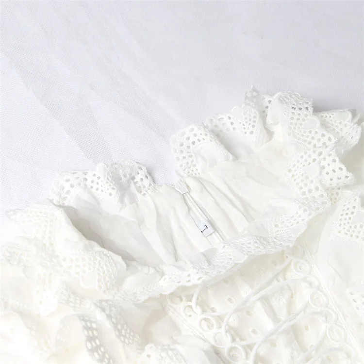 Женское летнее платье, белое кружевное ажурное платье с воротником-стойкой без рукавов с высокой талией