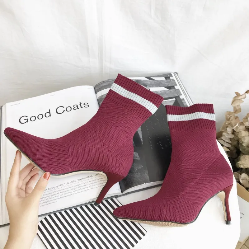 

Winter skinny booties pointed high-heeled Martin boots stiletto knit wool boots in the boots red 1129