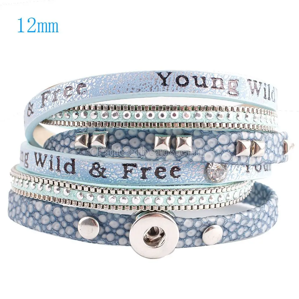 

Partnerbeads 40cm snap button PU leather bracelets fit 12mm snaps with Blue plated accessories and charm KS0603-S