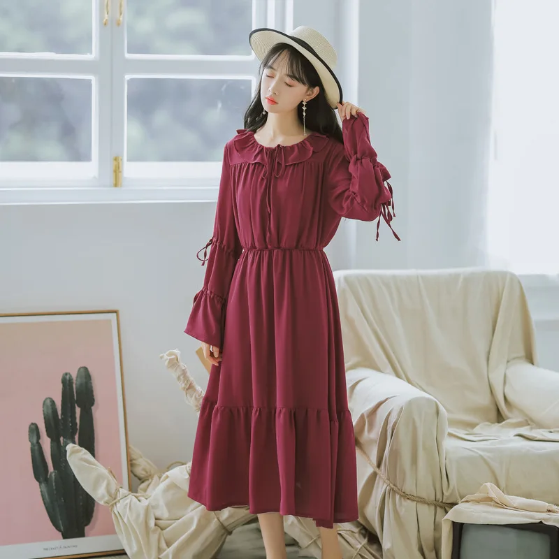 

Pleated long sleeves Retro Flounced Literature and art Chiffon Dress Holiday long dress Wine Red solid color