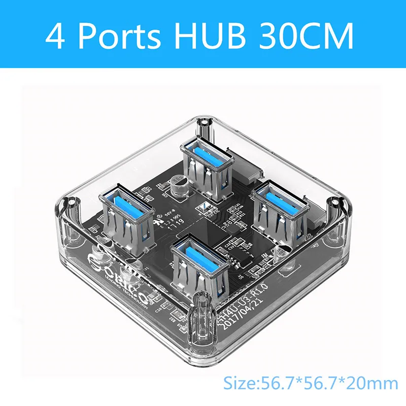 ORICO прозрачный концентратор мульти 4 7 портов высокоскоростной USB3.0 сплиттер с микро USB интерфейс питания для ноутбуков ПК планшет OTG адаптер - Цвет: 4 Ports HUB 30cm