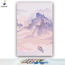 DIY Раскрашивание картины по номерам с цветами горная Рыбалка лодка вид Картина Рисунок Живопись по номерам оформлена дома