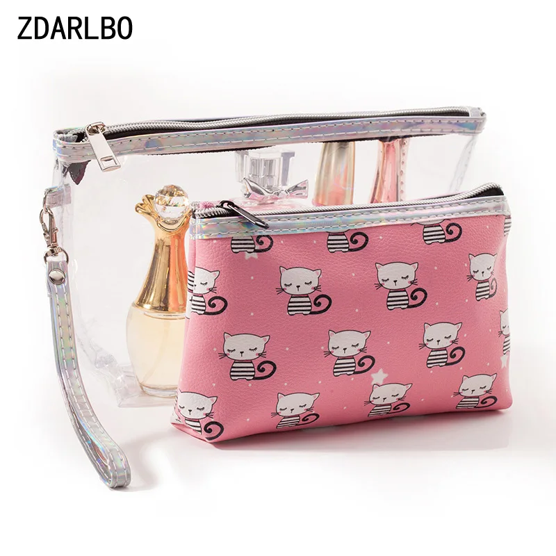 

ZDARLBO 2 PCS Waterproof Transparent Women's Cosmetic Bag Beautician Fashion Cat Toiletry Storage Bag Organizer Toilet Wash Bags