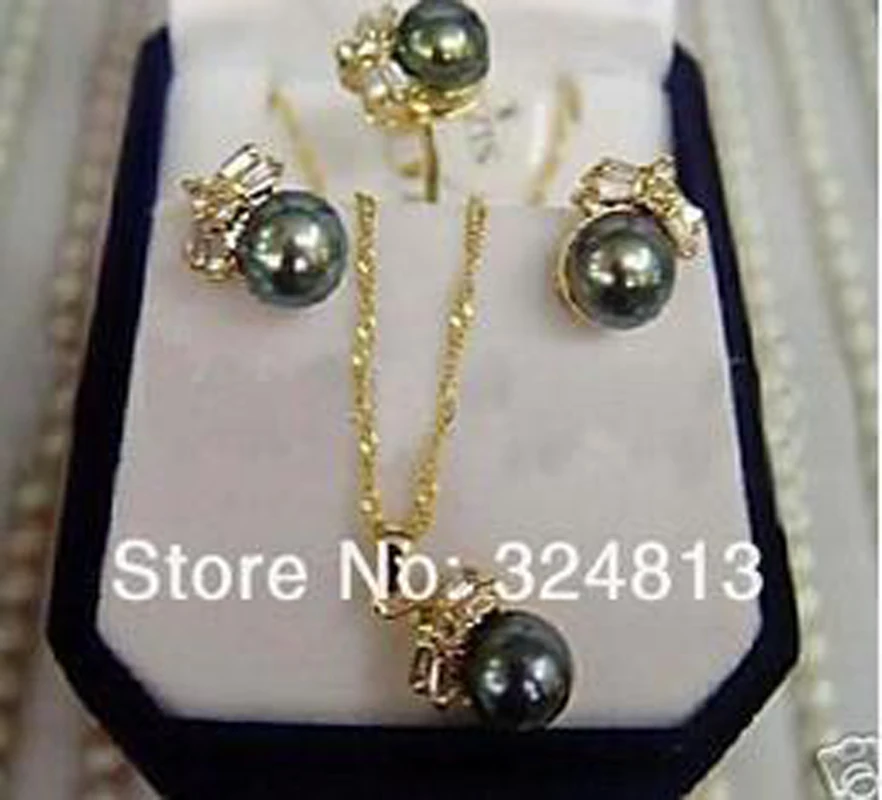 

NEW CHARMING Black Pearl Earring Ring & Necklace Set #999