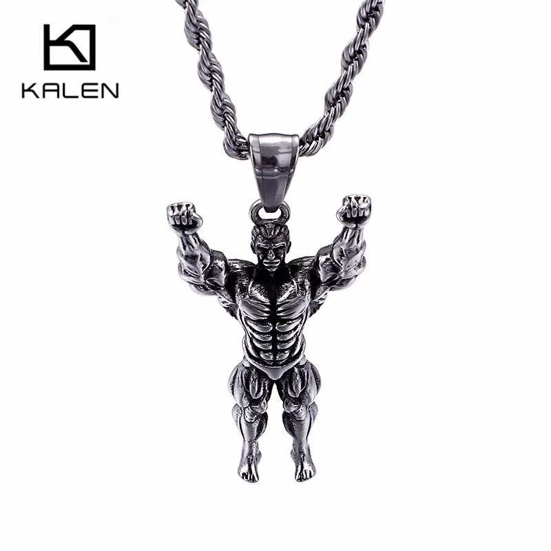 

KALEN Hip Hop Muscle Man Pendant Necklace Homme Stainless Steel Strong Man Gym Sport Fitness Chain Necklace Male Jewelry