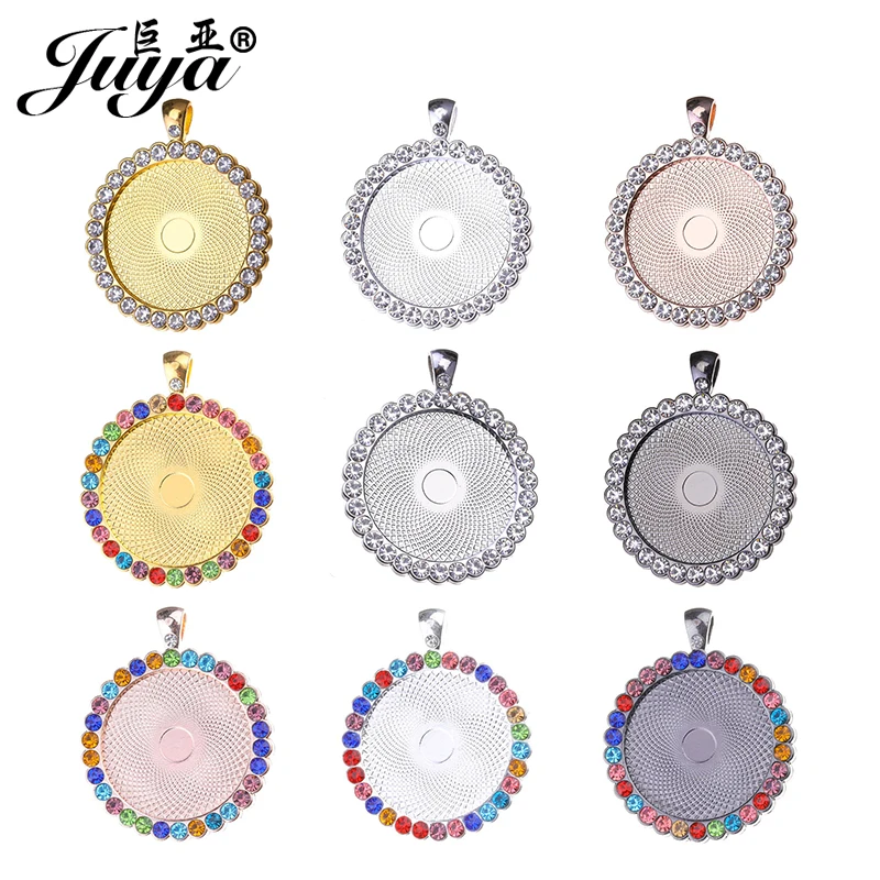 

2pcs High Quality Round Cameo Cabochon Base Setting with Colorful CZ Zircon Fix 30mm Glass Cheap Pendant Blank Settings AD0199