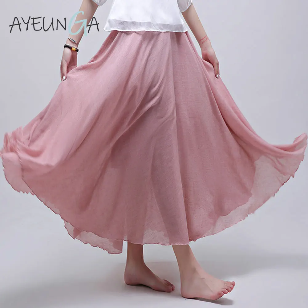 

Linen Cotton Long Skirts Bohemian Woman Elastic Waist Elegent Wide Women's Tulle Skirt 2019 Beach Summer Casual Maxi Skirts