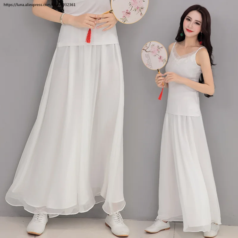 

Summer Chiffon Wide Leg Pants Women White Loose Skirt Trousers large Size Slacks