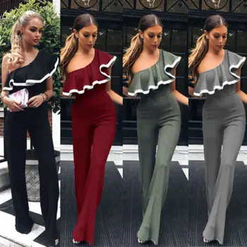 

Fashion Womens Summer Party Cocktail Clubwear Ruffles Bodycon Off Shoulder Long Playsuit Leotard Jumpsuit Romper Long Trousers
