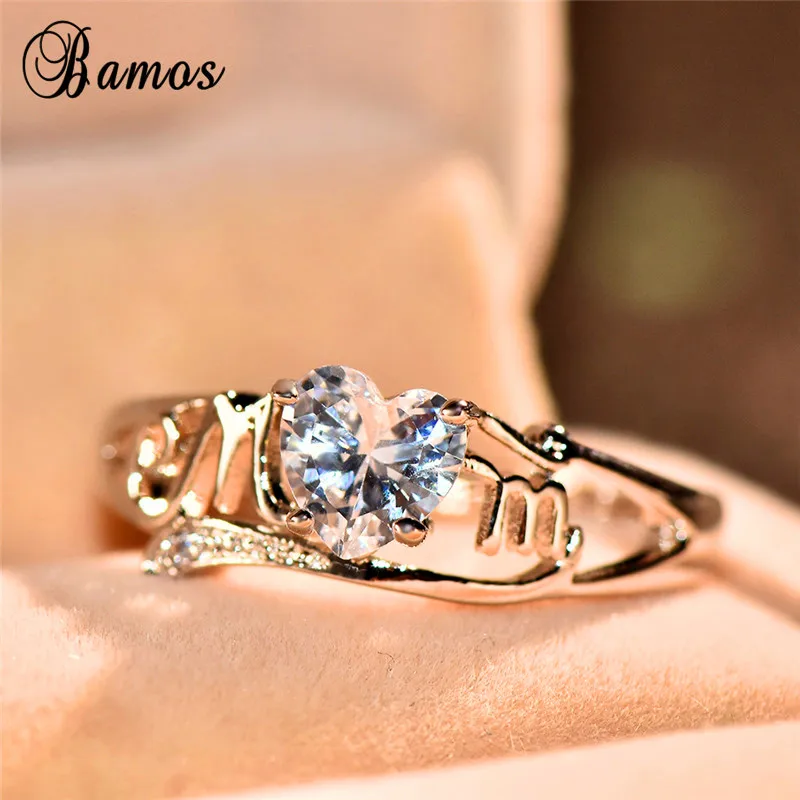 Luxury Female Love Heart Ring Romantic MOM Letter Engagement Ring Mother's Day Gift 925 Sterling Silver Wedding Rings For Women