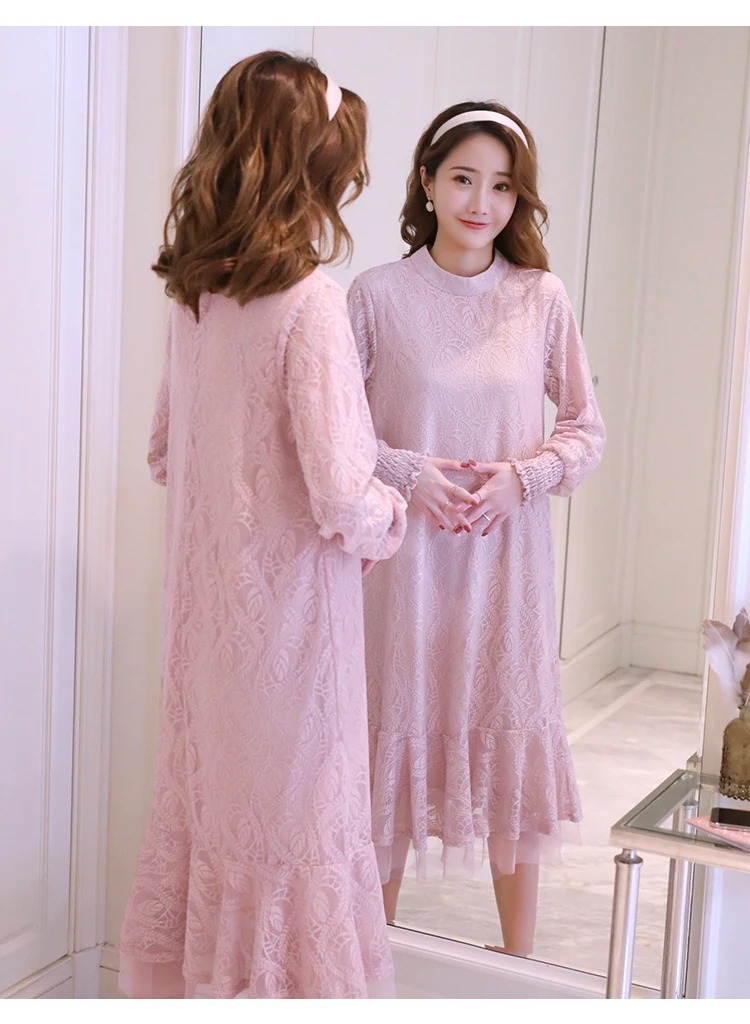 2019 платье для беременных Весна рубашка с длинными рукавами Кружева Нижняя Корейская версия ранней весны беременных женщин платье