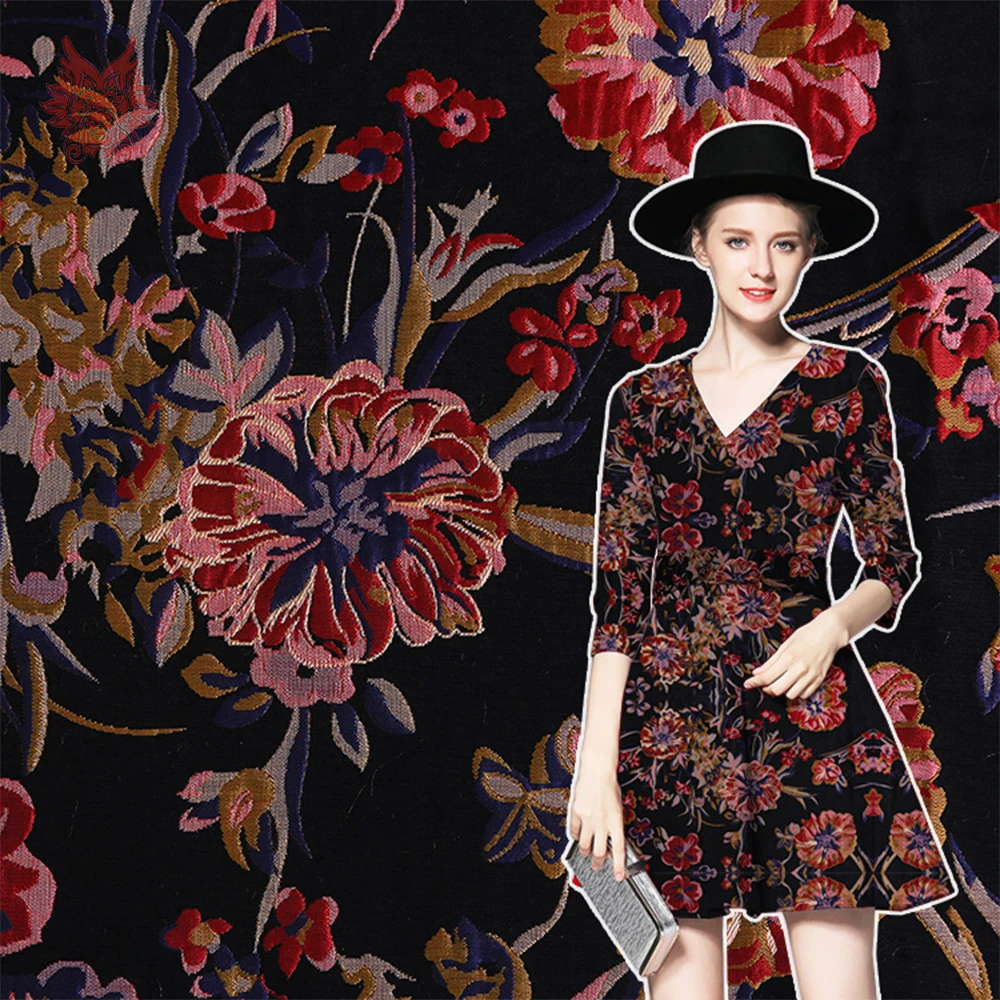 

Small wholesale American style black with red floral jacquard brocade fabric for dress coat tissu tecidos stoffen yarn SP4816