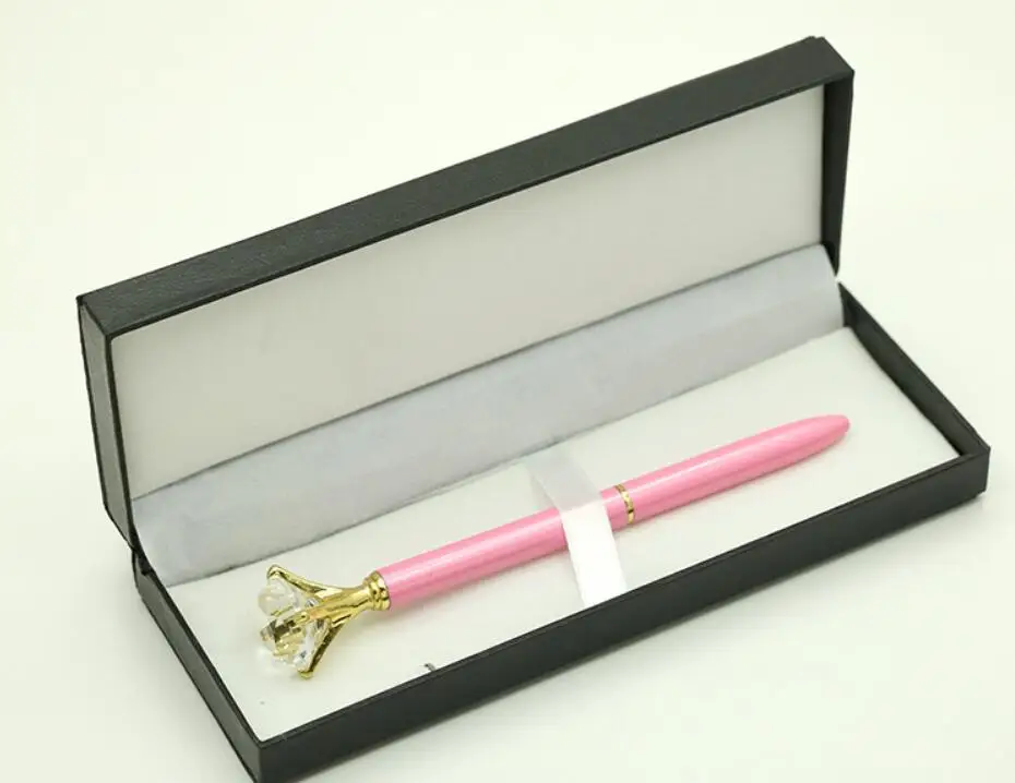 

2018 Crystal Pen with gift box case Big carat diamond Ballpoint pen ring Lady wedding office school roller ball pen Rose gold