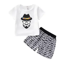 Летняя хлопковая футболка с короткими рукавами и принтом усов для маленьких мальчиков и девочек комплект одежды с короткими штанами D20