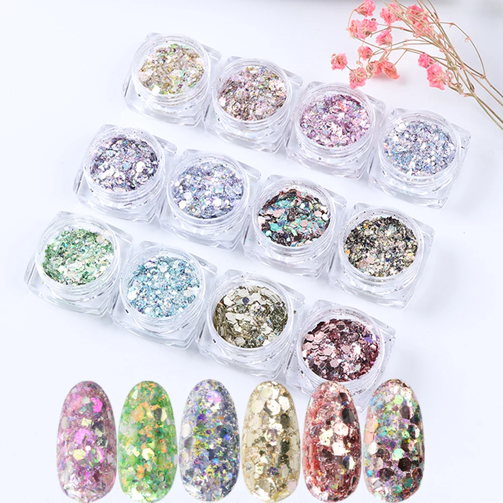 

12 Box Colorful Metallic Hexagon Glitter Powder Flakes Sparkly Mermaid Nail Art Sequins 3D Manicure Powder For Nails LADJ01-12-1