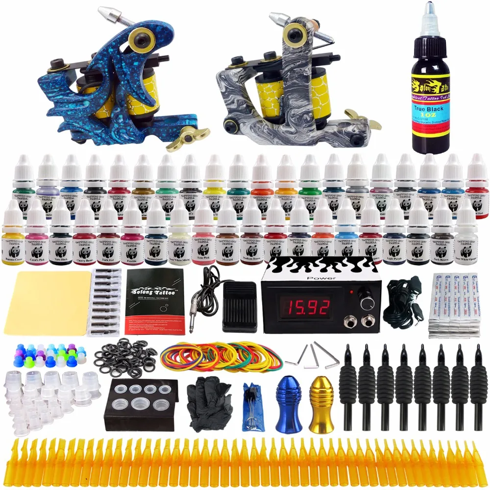 

Full Tattoo Complete Starter Tattoo Kit 2 Machine Guns Set GUN Professional Black 40 Inks set Needles Tips Grips TK223