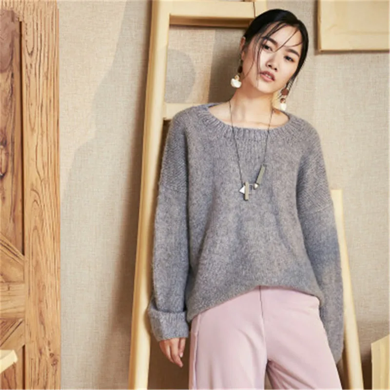  100%hand made wool Oneck thick knit women fashion solid loose H-straight pullover sweater one&over 