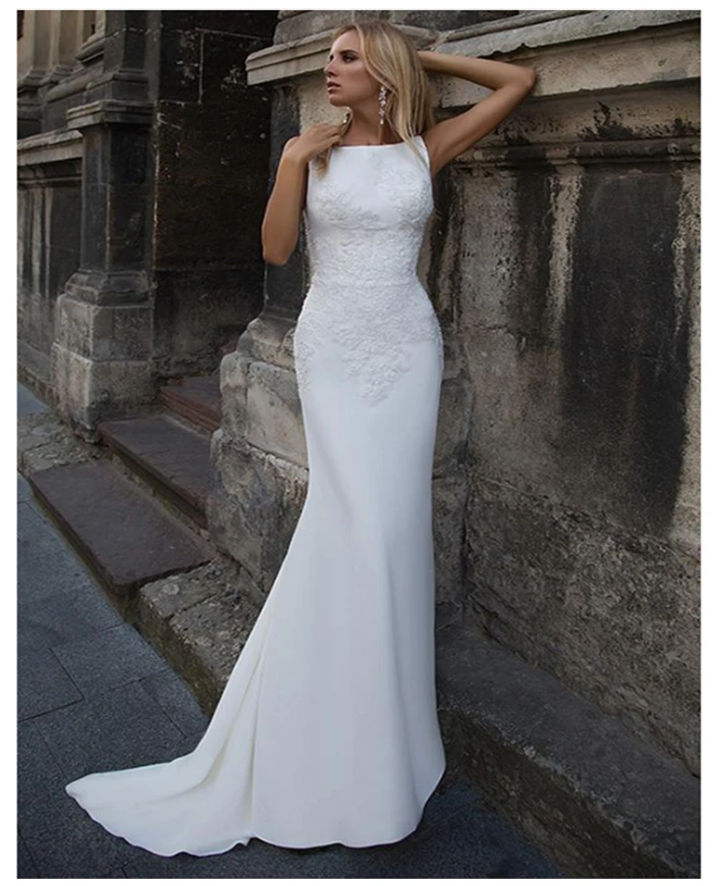 

2019 Mermaid Wedding Dresses Soft Satin Appliques Lace Beach Bride Dress Sexy Back Wedding Gown Hot Sale