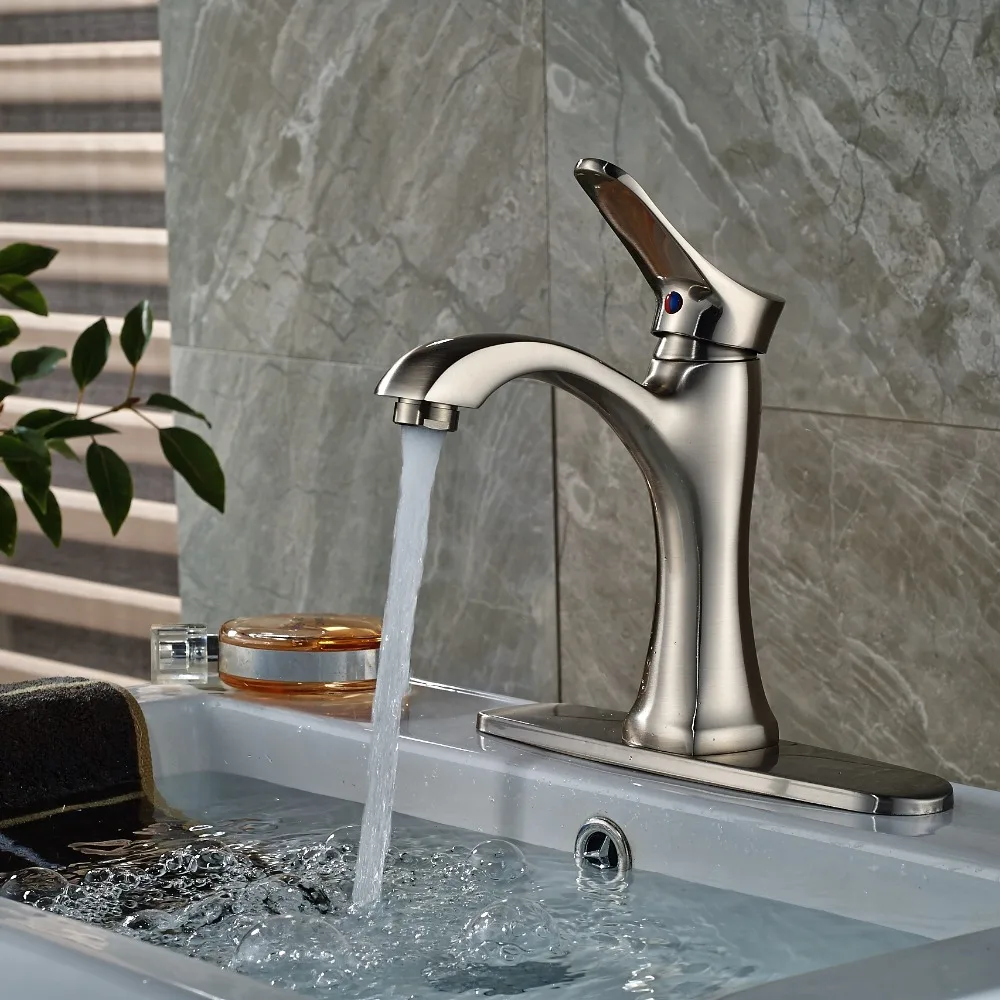 Solid Brass Bathroom Basin Faucet Brushed Nickel Deck Mounted Tap With