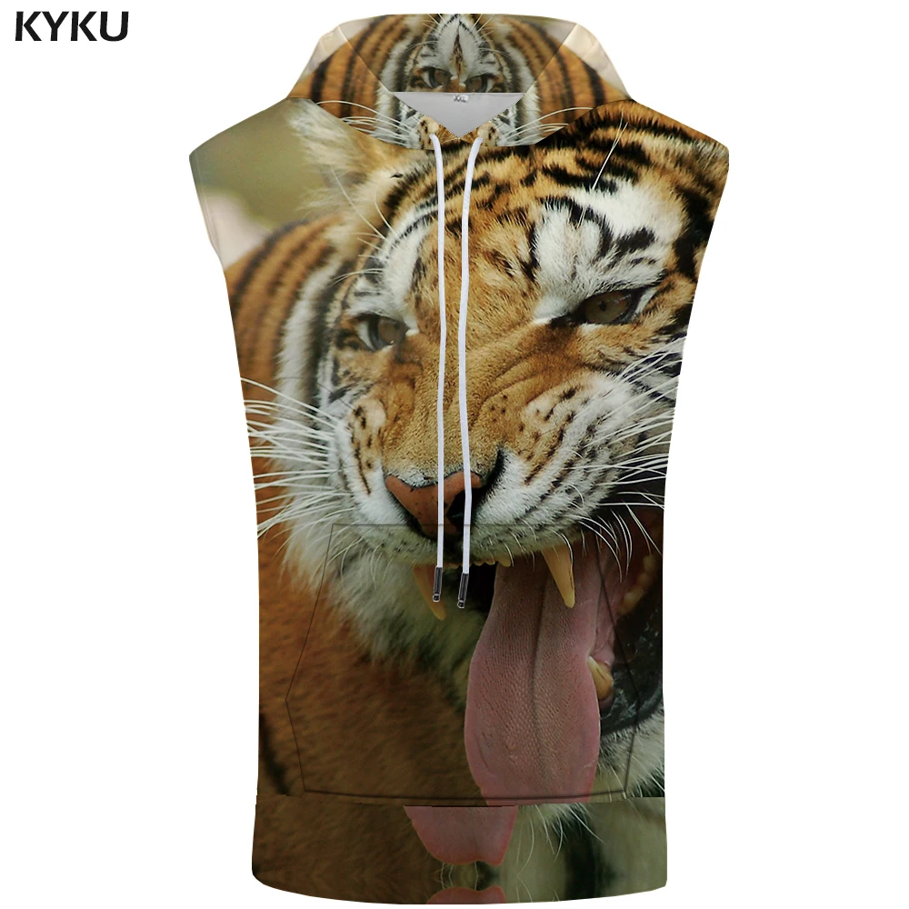 KYKU Tiger Hooded Tank Top Men Animal Sleeveless Vest 3d Printed 
